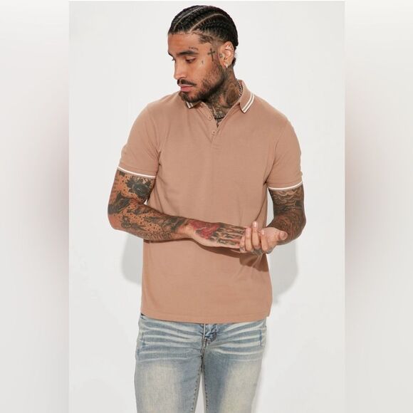 Fashion Nova Short Sleeve Polo in Tan with White Stripe - Size L - Picture 1 of 7